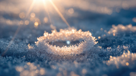 This enchanting image showcases glimmering ice crystals forming a circle on a frosty surface, illuminated by the soft golden sunlight of dawn, creating a serene winter scene.の素材
