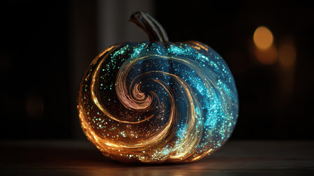 This stunning glowing pumpkin features bright cosmic swirls and stars, making it a perfect decorative piece for Halloween and autumn celebrations.の素材