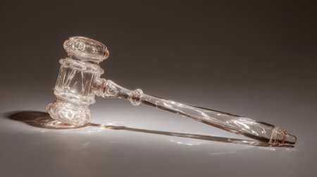 This image features a beautifully crafted crystal gavel elegantly resting on a smooth surface, showcasing transparency and fine craftsmanship.の素材