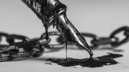 A close-up shot of a dripping ink pen resting on a chain, conveying themes of creativity and confinement in a striking black and white composition.の素材
