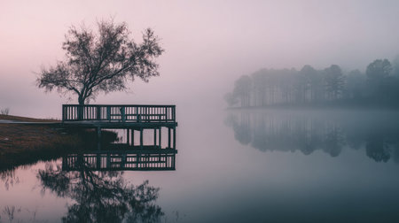 A tranquil scene featuring a misty lake with a wooden dock and silhouetted trees at dawn, creating a serene atmosphere ideal for relaxation and nature appreciation.の素材