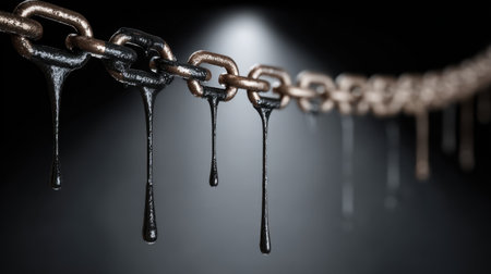 A close-up of a metallic chain, coated in glossy black liquid, dripping in a dark environment. The image captures themes of restriction, strength, and contrast.の素材