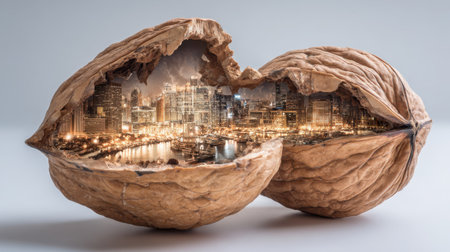 A captivating image featuring a vibrant cityscape beautifully nestled within a walnut shell, symbolizing the blend of nature and urban life.の素材