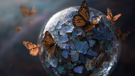 Experience the enchanting beauty of butterflies gracefully hovering over a shimmering crystal sphere, creating a dreamlike atmosphere.の素材