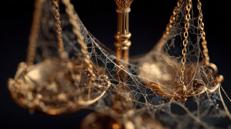 This image features golden scales of justice intricately detailed and adorned with cobwebs, symbolizing neglect and forgotten legal matters in a dramatic setting.の素材