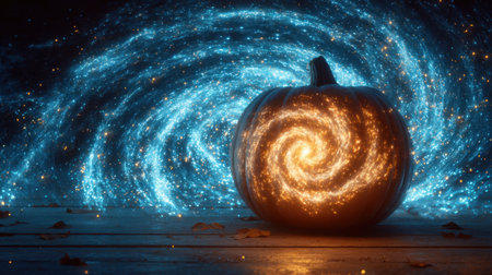A captivating pumpkin illuminated with a swirling galaxy design creates a magical atmosphere. This surreal image embodies the spirit of Halloween, blending festive charm with cosmic beauty. Perfect for seasonal decor and inspiration.の素材