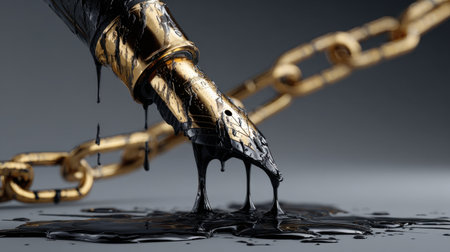 A stunning close-up of a luxury fountain pen dripping black ink, set against a smooth backdrop, conveying elegance and artistic expression.の素材