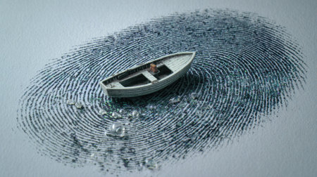 A captivating image of a miniature boat adrift above intricate fingerprint patterns, symbolizing the connection between identity and nature's vastness.の素材