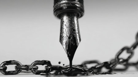 This captivating close-up features a fountain pen dripping black ink onto a rusty chain, symbolizing the fusion of creativity and restriction. The intricate details and monochrome tones evoke a sense of depth and artistry, ideal for projects in writing, art, and design.の素材