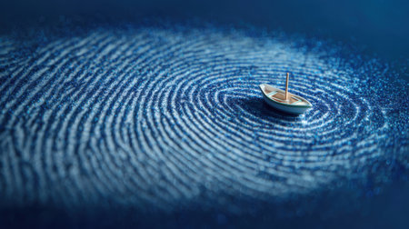 A serene scene featuring a miniature boat floating on stylized blue waves, creating gentle ripple patterns. An artistic representation of tranquility.の素材