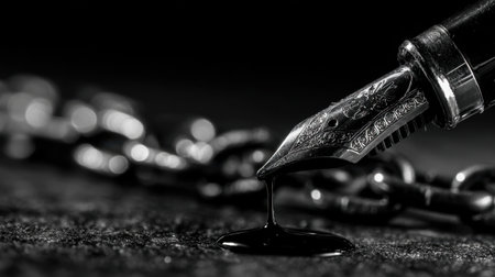 A striking black and white image captures an ink drop poised at the nib of a fountain pen, with ominous chains in the background, evoking themes of restriction and creativity.の素材