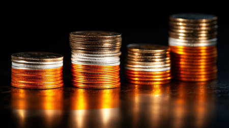 A striking image showing stacks of coins in different heights and colors on a reflective surface, representing financial growth and investment opportunities.の素材
