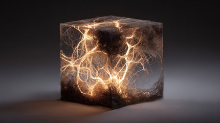 This captivating image features a cube with glowing roots, radiating ethereal light in a dark atmosphere, creating a surreal and mesmerizing visual.の素材