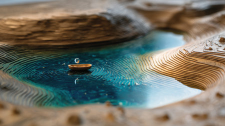 A captivating model of a tranquil landscape featuring a wooden boat floating on a shimmering water surface with a gentle droplet creating ripples.の素材