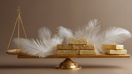 This stunning image features luxurious gold bars and soft white feathers artistically balanced on a decorative scale, perfect for symbolizing elegance and wealth.の素材
