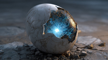 A stunning visual of a cracked egg shell revealing a luminous microchip inside, capturing the essence of technology and nature's fusion in a conceptual environment.の素材