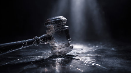A striking image of a cracked gavel resting on a dark surface symbolizes the fragility of justice and the challenges within the legal system.の素材