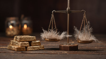 This captivating image features a pair of scales symbolizing balance, adorned with feathers and gold bars, set against a dark wooden background, representing wealth and justice.の素材
