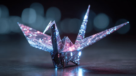 This mesmerizing origami crane crafted from circuit board material radiates elegance and creativity against a blurred backdrop. Ideal for showcasing innovation.の素材