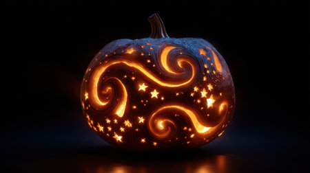 This captivating image features a beautifully carved pumpkin, designed with intricate swirling patterns and glowing stars. It creates a magical atmosphere for Halloween.の素材