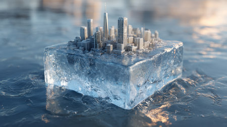 A captivating image of a miniature city frozen on a clear ice block, surrounded by tranquil water, creating a surreal urban landscape.の素材
