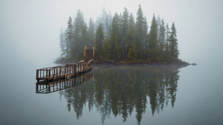 A tranquil scene featuring a foggy island surrounded by tall pine trees, with a rustic wooden dock reflecting perfectly in the calm waters.の素材
