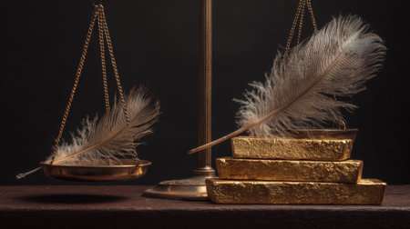This captivating image features a stunning arrangement of delicate feathers and gleaming gold bars, symbolizing justice and wealth. The contrasting elements create an elegant and thought-provoking scene that embodies balance and fairness.の素材