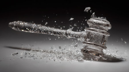 This striking image showcases a shattered glass gavel on a dark background, representing the fragility of justice and the legal system's potential breakdown.の素材