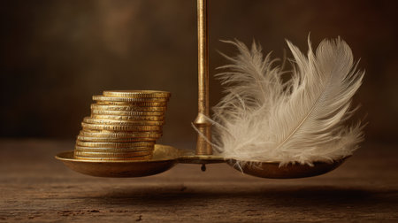 A captivating still life featuring an antique scale balancing gold coins and a delicate feather, symbolizing the contrast between wealth and lightness.の素材