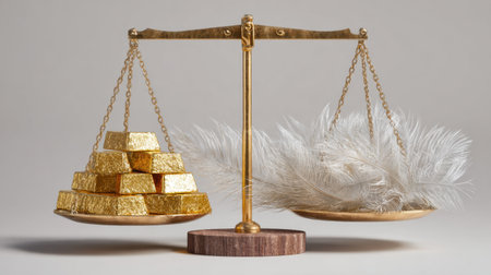 A captivating image showcasing a balance scale with gold bars on one side and soft feathers on the other, representing the contrast between wealth and lightness.の素材