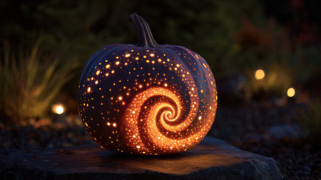 This striking image features a creatively carved pumpkin displaying a swirling star pattern, illuminating its surroundings in a charming outdoor scene.の素材