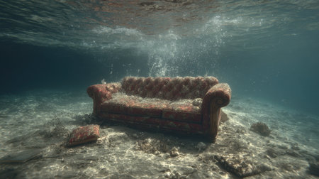 An intriguing underwater scene featuring an abandoned vintage couch surrounded by bubbles and sediment, showcasing a serene atmosphere.の素材