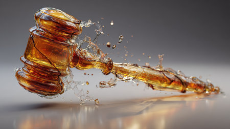 This abstract image features a wooden gavel splashing into liquid, symbolizing justice and the legal process, creating a visually striking effect ideal for various creative projects.の素材