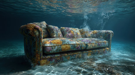 A vivid floral couch sits submerged underwater, surrounded by soft light reflections and bubbles, creating a serene and surreal atmosphere.の素材