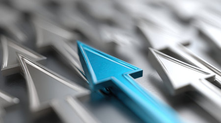 A captivating image of a blue arrow contrasting against metallic arrows, symbolizing uniqueness, direction, and inspiration in a dynamic environment.の素材