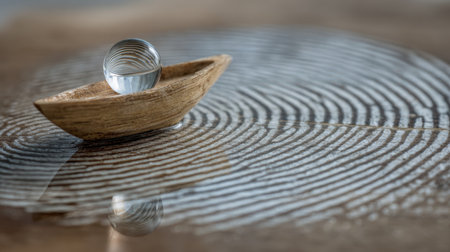 A serene water droplet rests on a wooden boat, creating circular ripples on a reflective surface, embodying elegance and tranquility.の素材