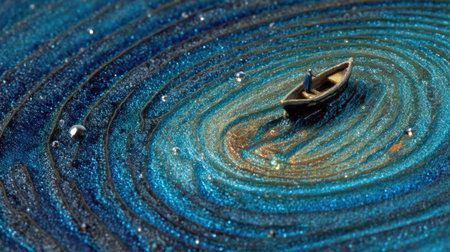 A mesmerizing close-up captures a small boat floating on a vibrant blue swirl water surface, evoking serenity and creativity in a unique artistic design.の素材