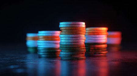 A visually striking image of stacked coins illuminated by vibrant blue and red lighting on a dark surface, representing financial growth and prosperity.の素材