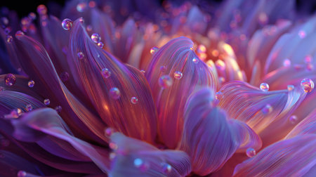 Experience the enchanting beauty of a colorful abstract flower featuring luminous petals and glistening water droplets, perfect for digital art lovers.の素材