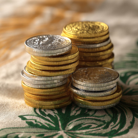 A stunning arrangement of gold and silver coins stacked on a beautifully patterned tablecloth, showcasing luxury and wealth in a captivating setup.の素材
