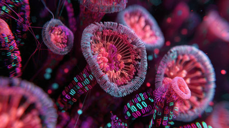 A mesmerizing abstract portrayal of colorful jellyfish illuminated by neon lights, creating a dreamlike underwater atmosphere full of vibrant beauty.の素材