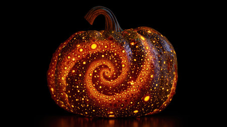 This mesmerizing pumpkin showcases intricate swirl patterns illuminated from within. Its vibrant glow makes it a perfect centerpiece for Halloween celebrations and autumn decor.の素材
