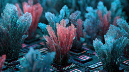 Dive into an imaginative realm where technology meets nature, showcasing vibrant coral-like structures emerging from a circuit board.の素材