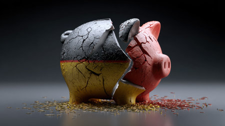 This image depicts a cracked piggy bank representing financial struggles. It features a broken yellow and red piggy bank with gold coins scattered, symbolizing economic challenges.の素材