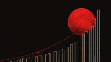 This striking abstract graphic displays a vibrant red sun above rising bars, symbolizing data growth and progress, ideal for business and finance themes.の素材