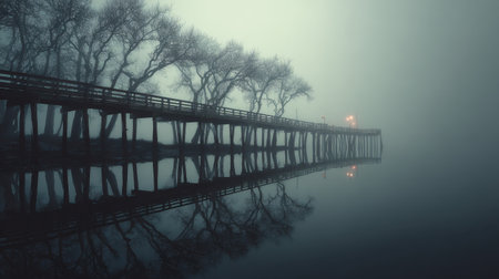 A tranquil scene of a wooden pier extending into a foggy lake, surrounded by bare trees, offering a sense of mystery and calmness.の素材