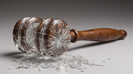 A detailed image of a broken gavel and shattered glass conveys themes of failure in justice and authority, evoking strong emotional responses and reflections on conflict.の素材