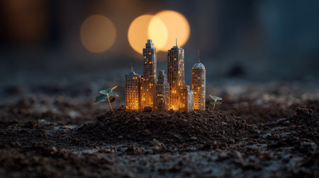 A captivating miniature city illuminated at night, set amidst rich soil with fresh plants sprouting, combining urban and natural elements beautifully.の素材