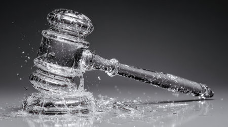 A stunning close-up of a clear glass gavel amid vibrant water splashes, set against a smooth gray backdrop, symbolizing justice and professionalism in law.の素材
