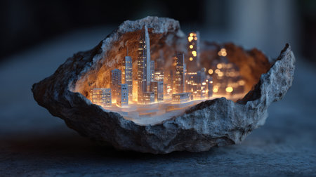 This stunning image captures a miniature city nestled within a shell, featuring intricate details and warm illumination, blending nature and creativity.の素材